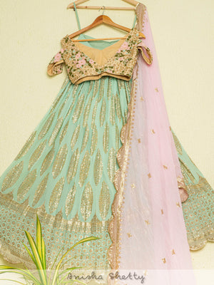 Mint Green Lehenga and Oyster Floral Blouse Set image 3