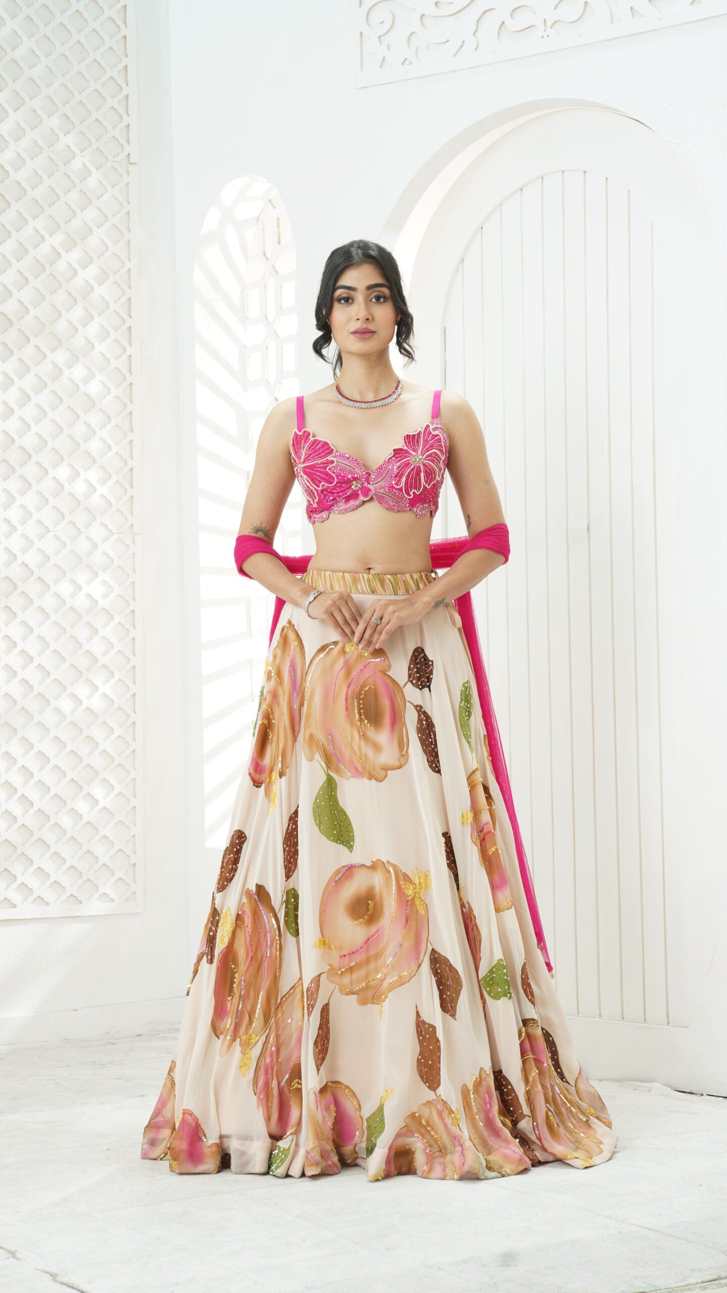 Baby Pink hand painted lehenga and embroidered bralette set image 0