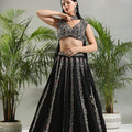 Black Thread and Mirror Hand Embroidered Lehenga Set image 0