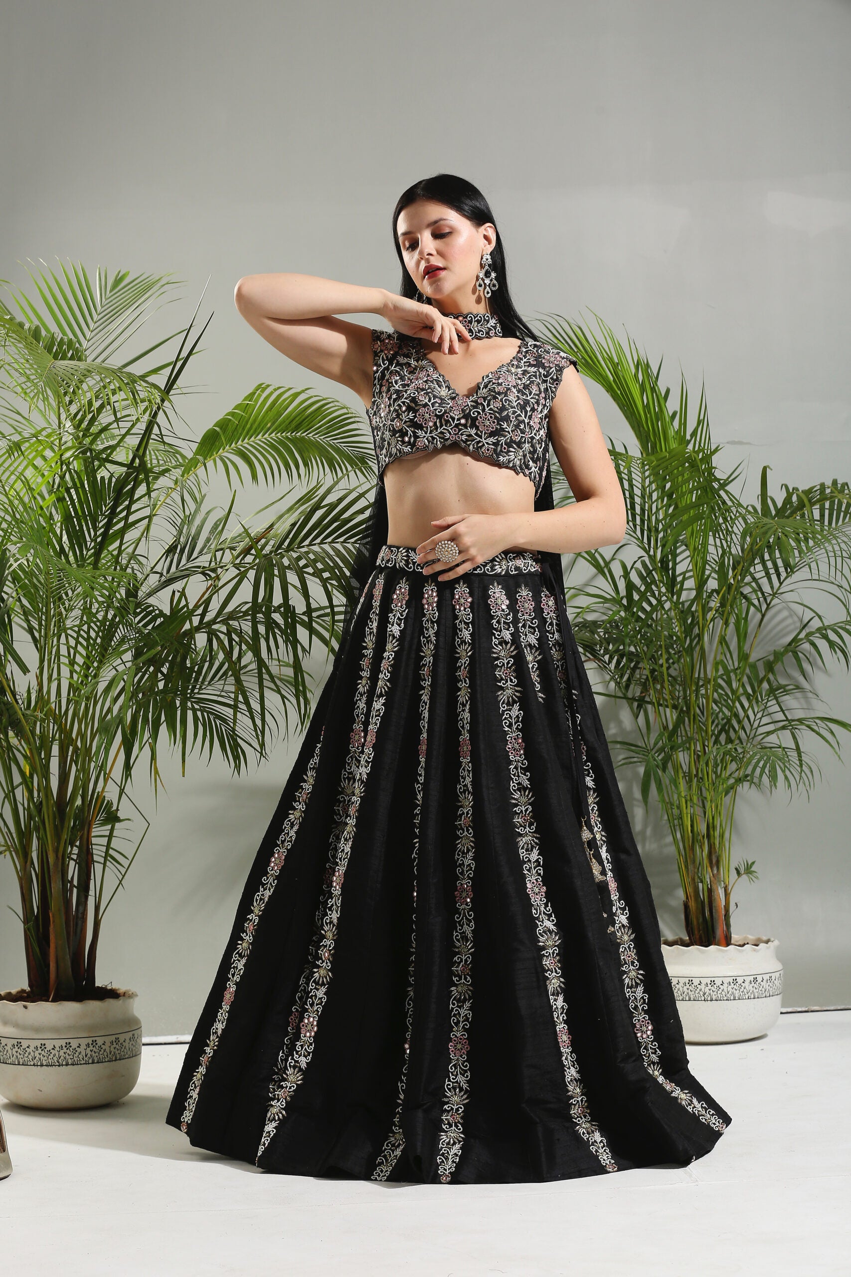 Black Thread and Mirror Hand Embroidered Lehenga Set image 0