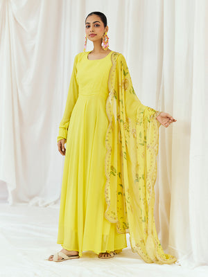 Bright Yellow Printed Embroidered Anarkali Set with Dupatta - S image