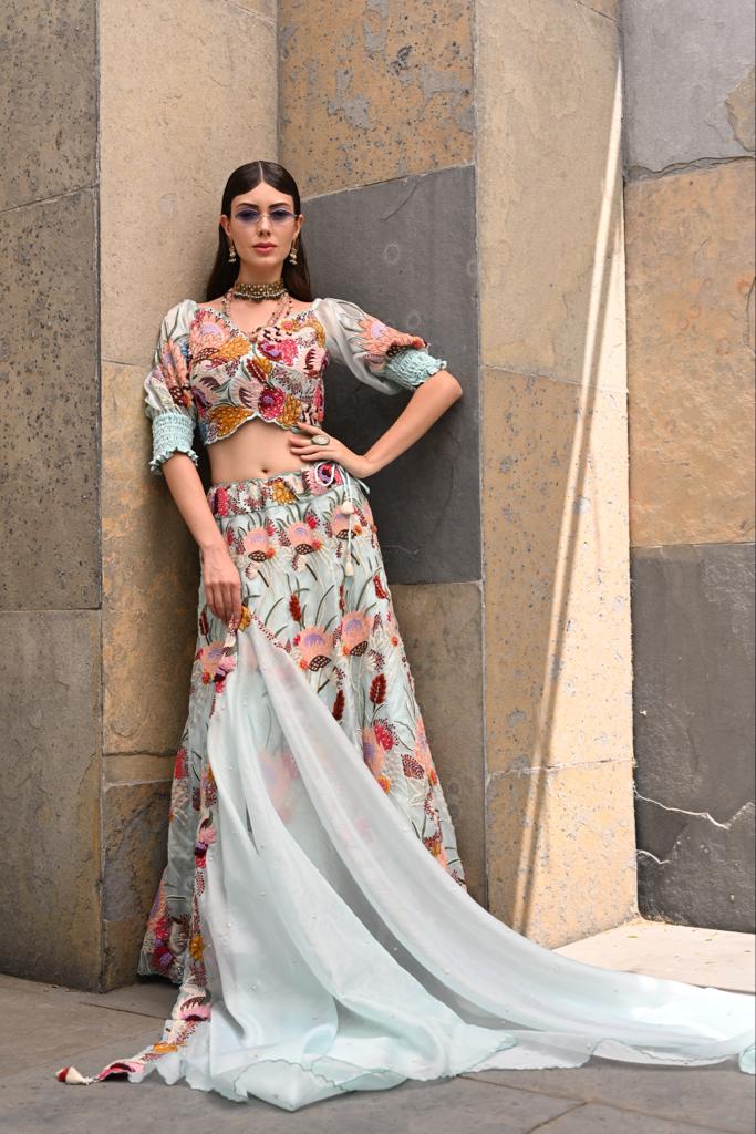 Powder Blue off Shoulder Lehenga Set image 0
