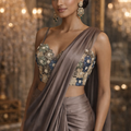 Bead Cut-dana Embroidered Corset in Subtle Shades of Sage, Gold, Blue and Grey with a Pre-stitched Saree image 0