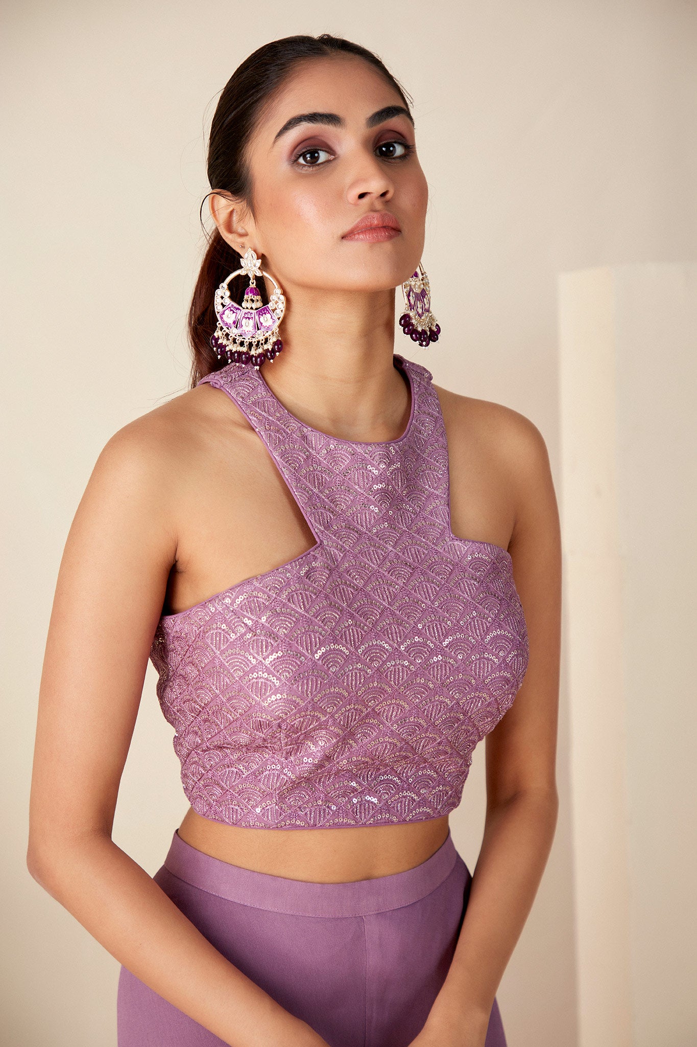 Embroidered Mauve Crop Top and Flared Pants Set image 3