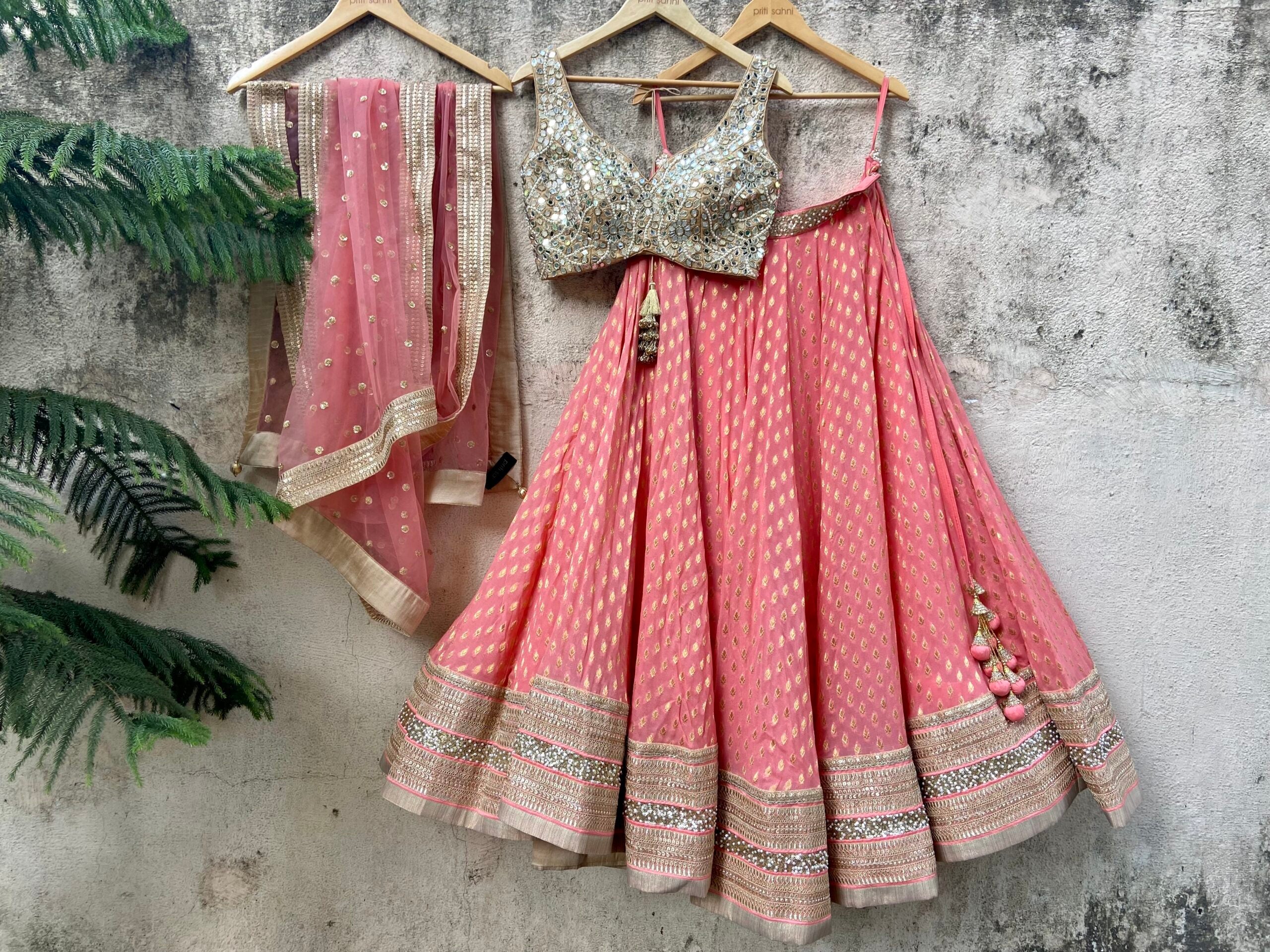 Coral and Beige Mirror Work Lehenga Set image 5
