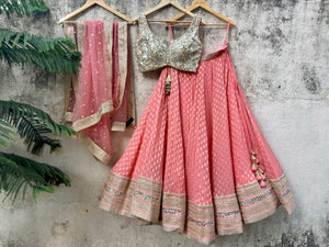 Coral and Beige Mirror Work Lehenga Set image 5