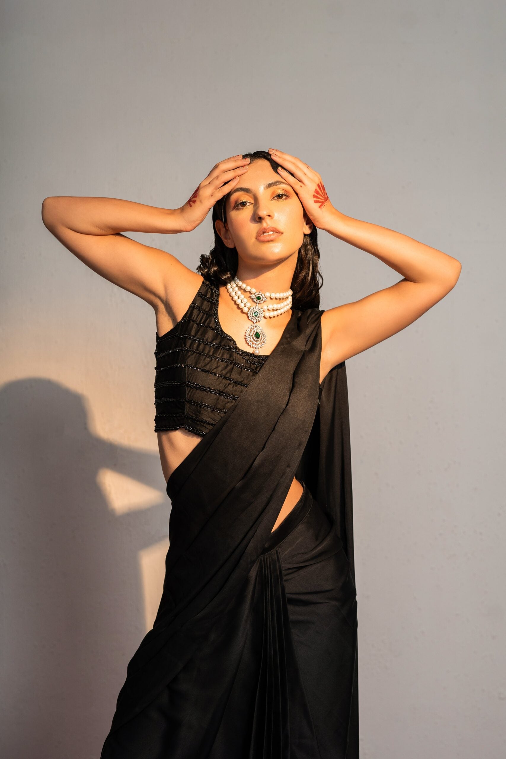 Black Embroidered Drape Saree Set image 3