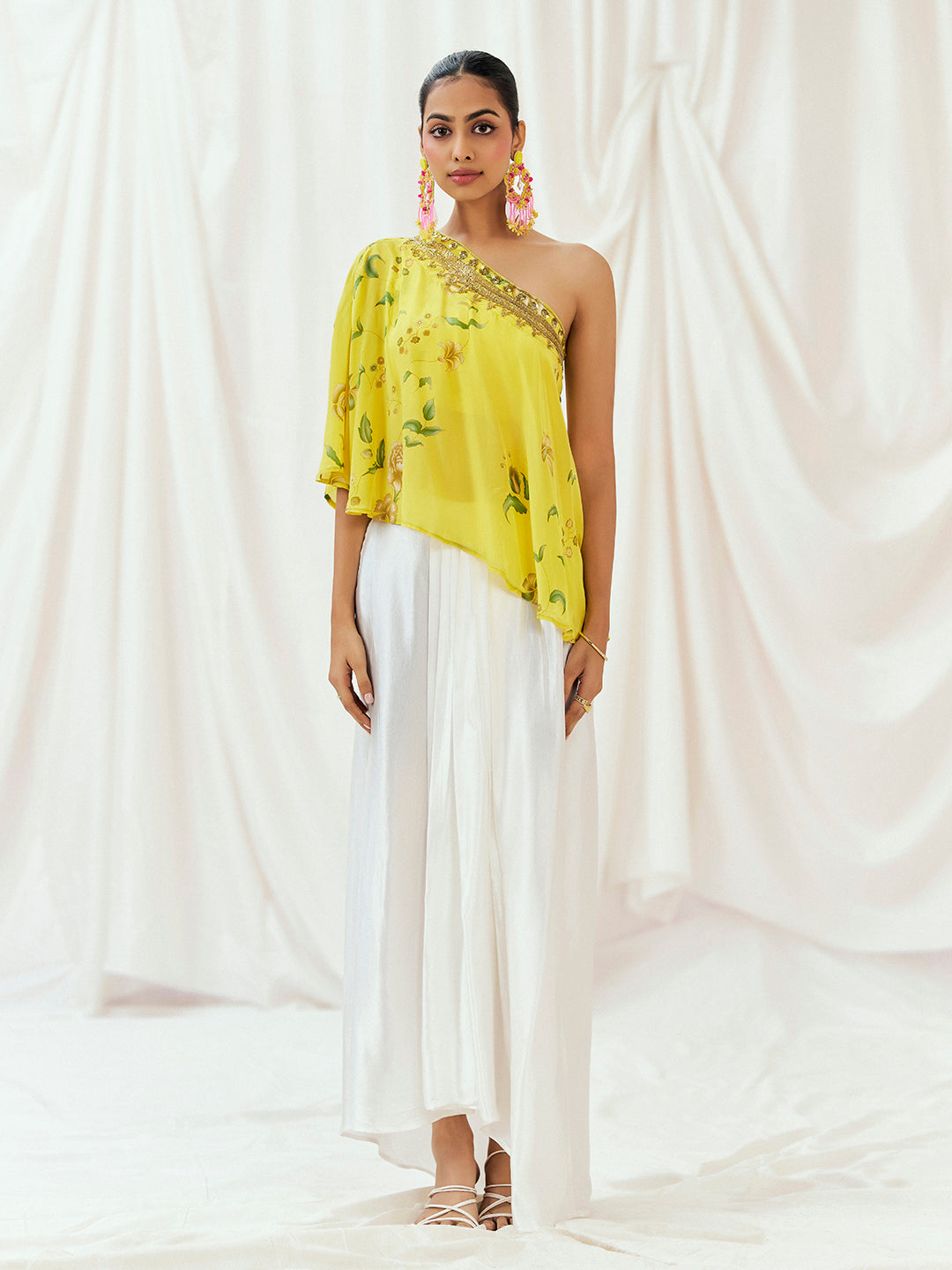 Bright Yellow Printed Embroidered Drape Skirt Set with Top & Bustier image 2