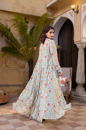 Light Blue Floral Georgette Embroidered Jacket Set image 1