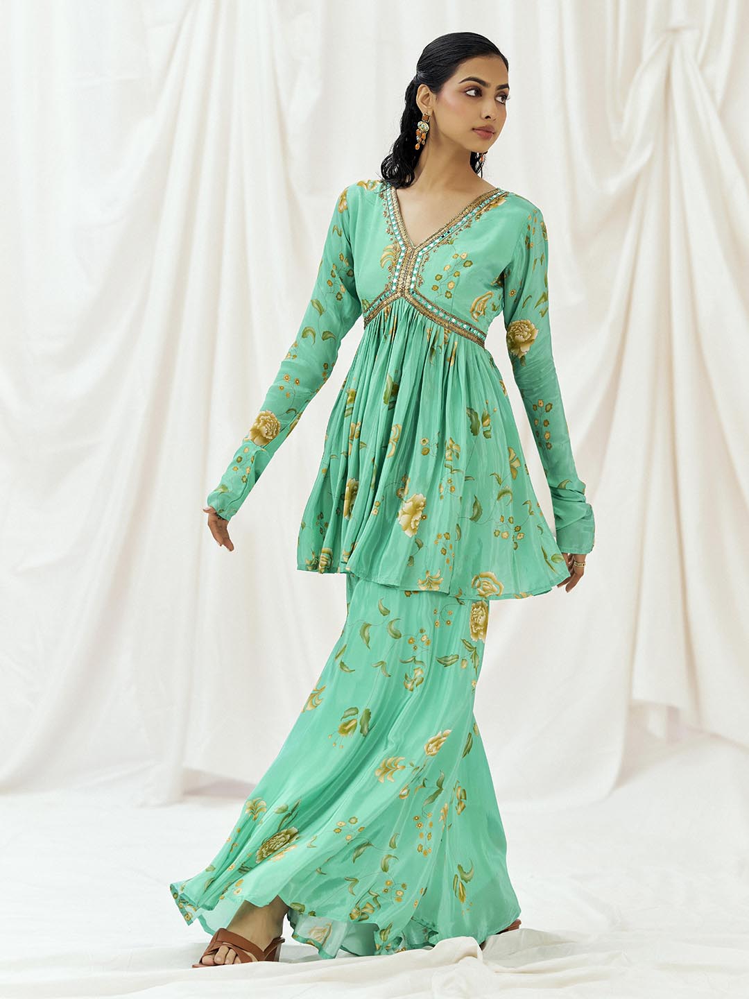 Turquoise Blue Printed Embroidered Peplum Sharara Set image 5