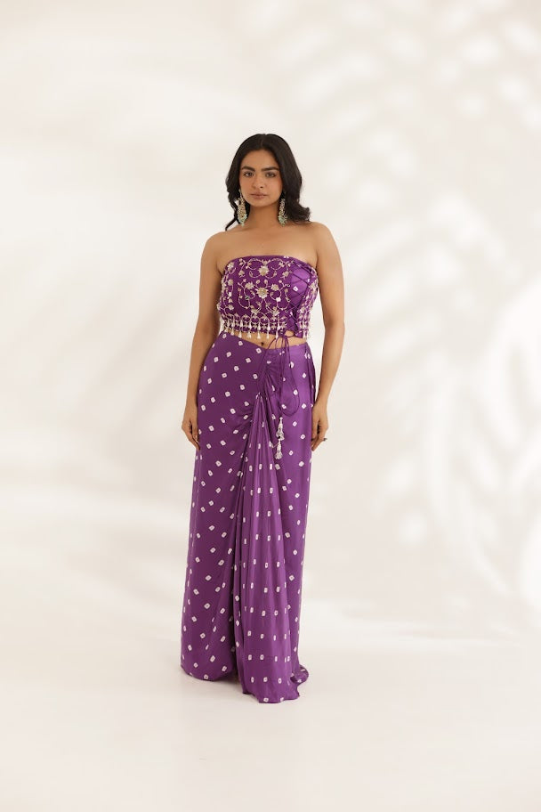 Purple Bandhani Drape Skirt Set - S image