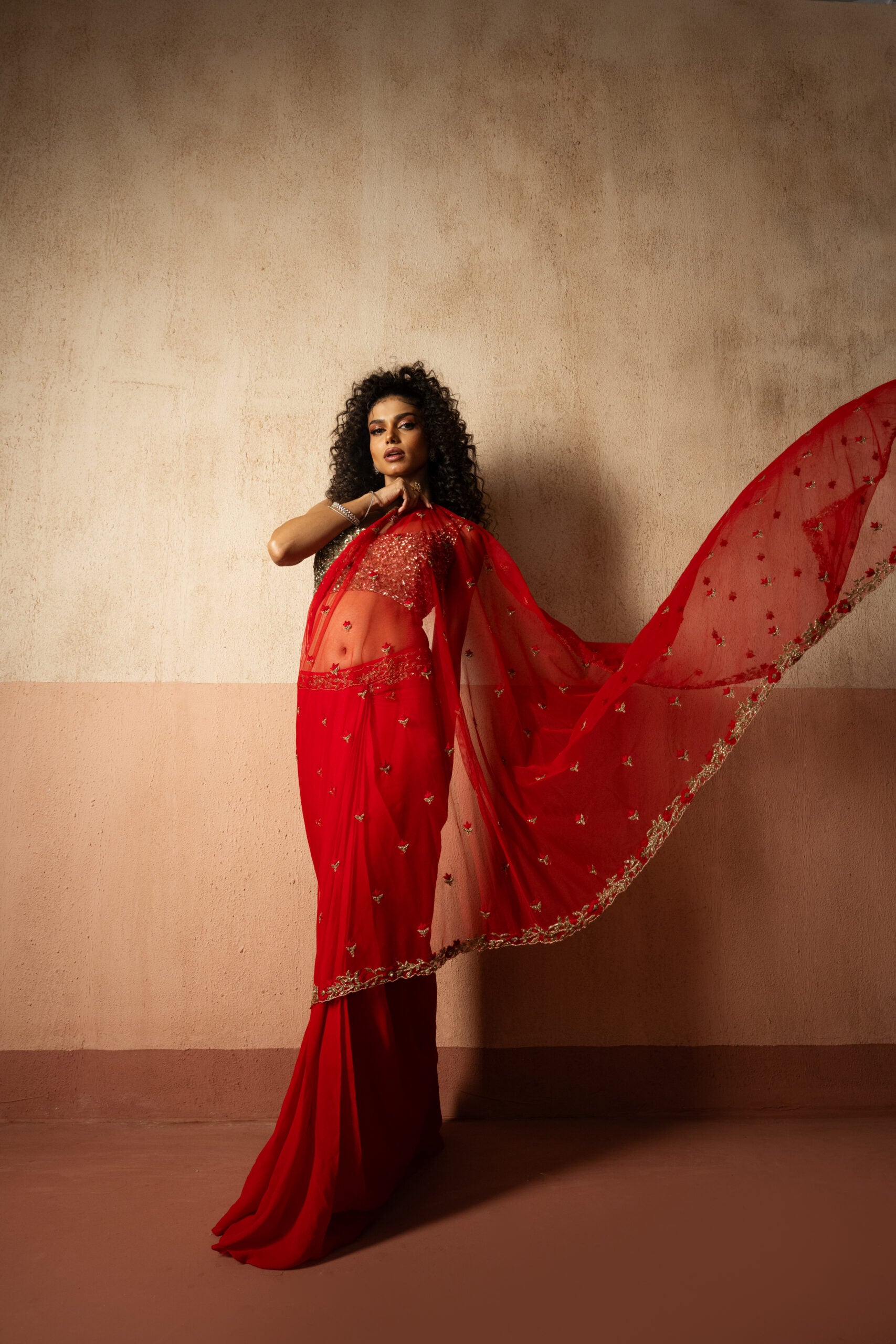 Pre Draped Red Hand Embroidered Net & Georgette Saree With Golden Blouse image 2