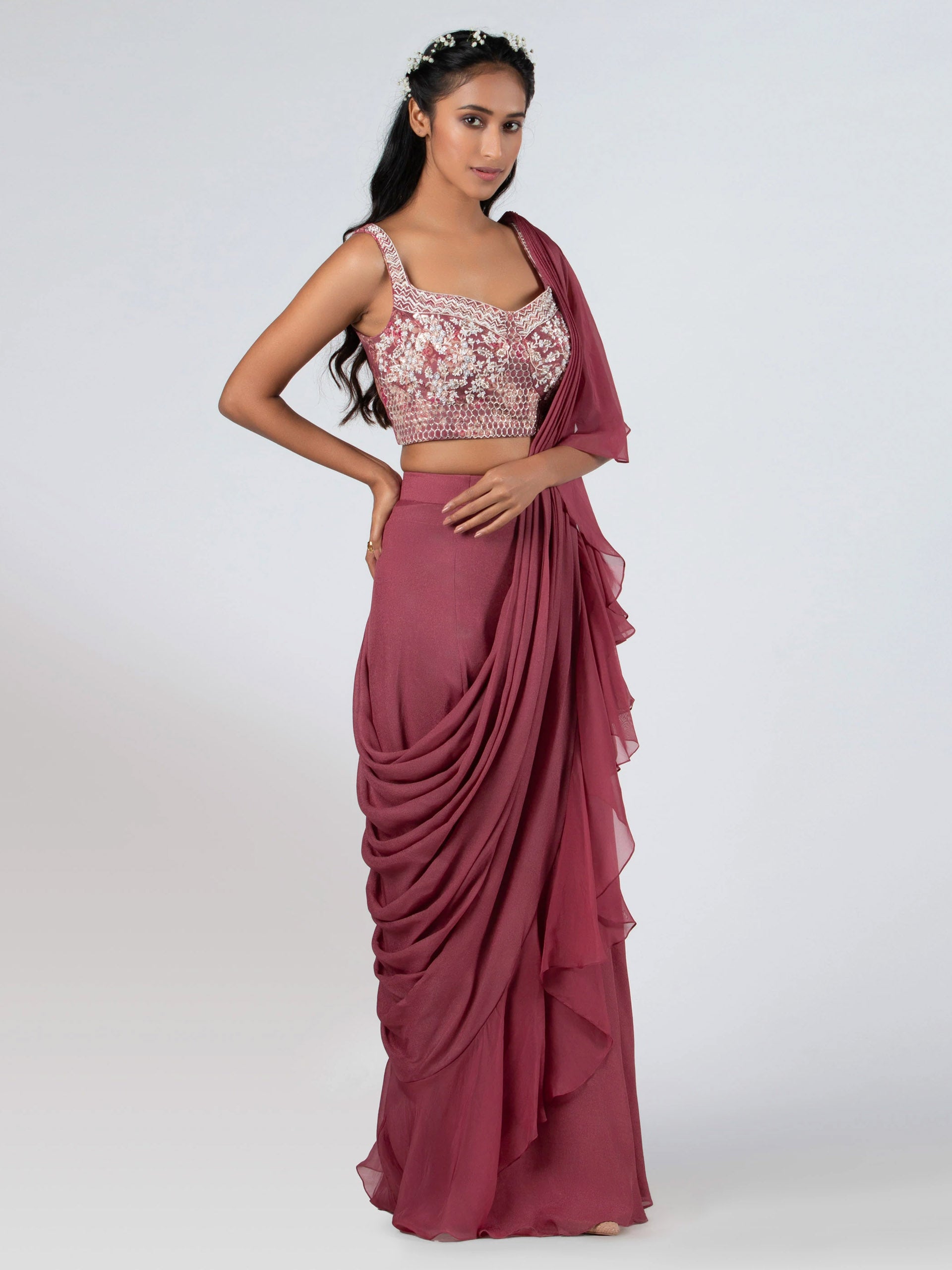 Pre Drape Mauve Ruffle Saree Set image 3