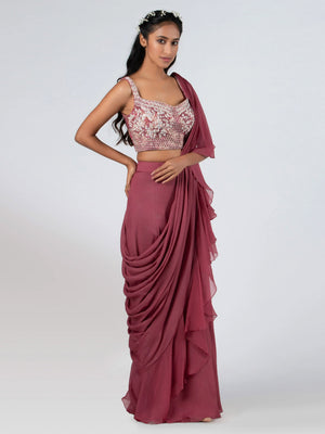 Pre Drape Mauve Ruffle Saree Set image 3
