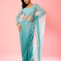 Teal And Powder Blue Embroidered Saree image 0