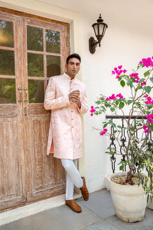 Light Pink Embroidered Sherwani Set - L image