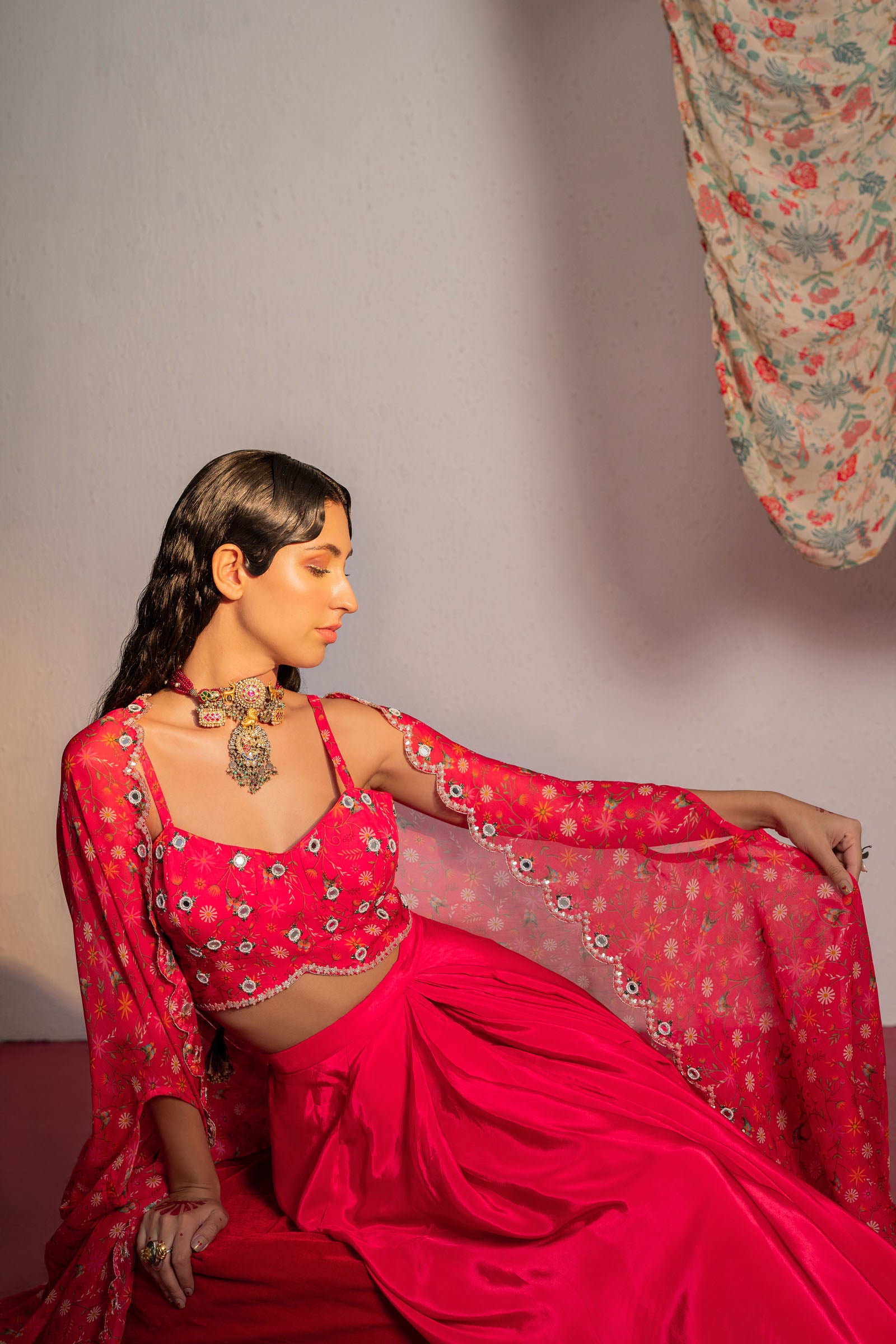 Hot Pink Printed And Embroidered Cape & Skirt Set image 8
