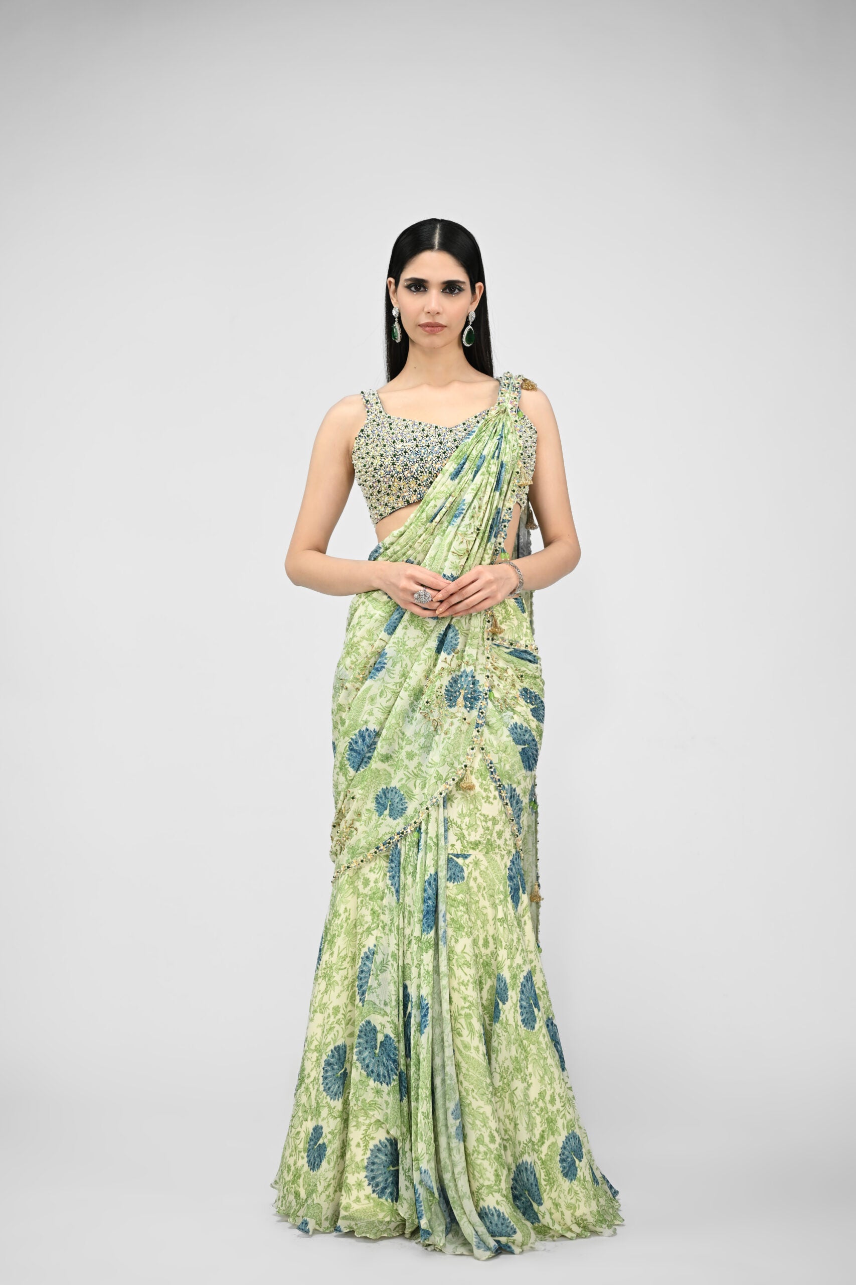 HIGHLIGHTED PRE STICHED PEACOCK SAREE PAIRED WITH BEAD BLOUSE image 0