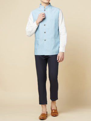 Sky Blue Printed Bundi Jacket Set image 3