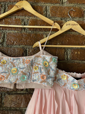 Powder Pink And Grey Ruffle Lehenga Set image 2