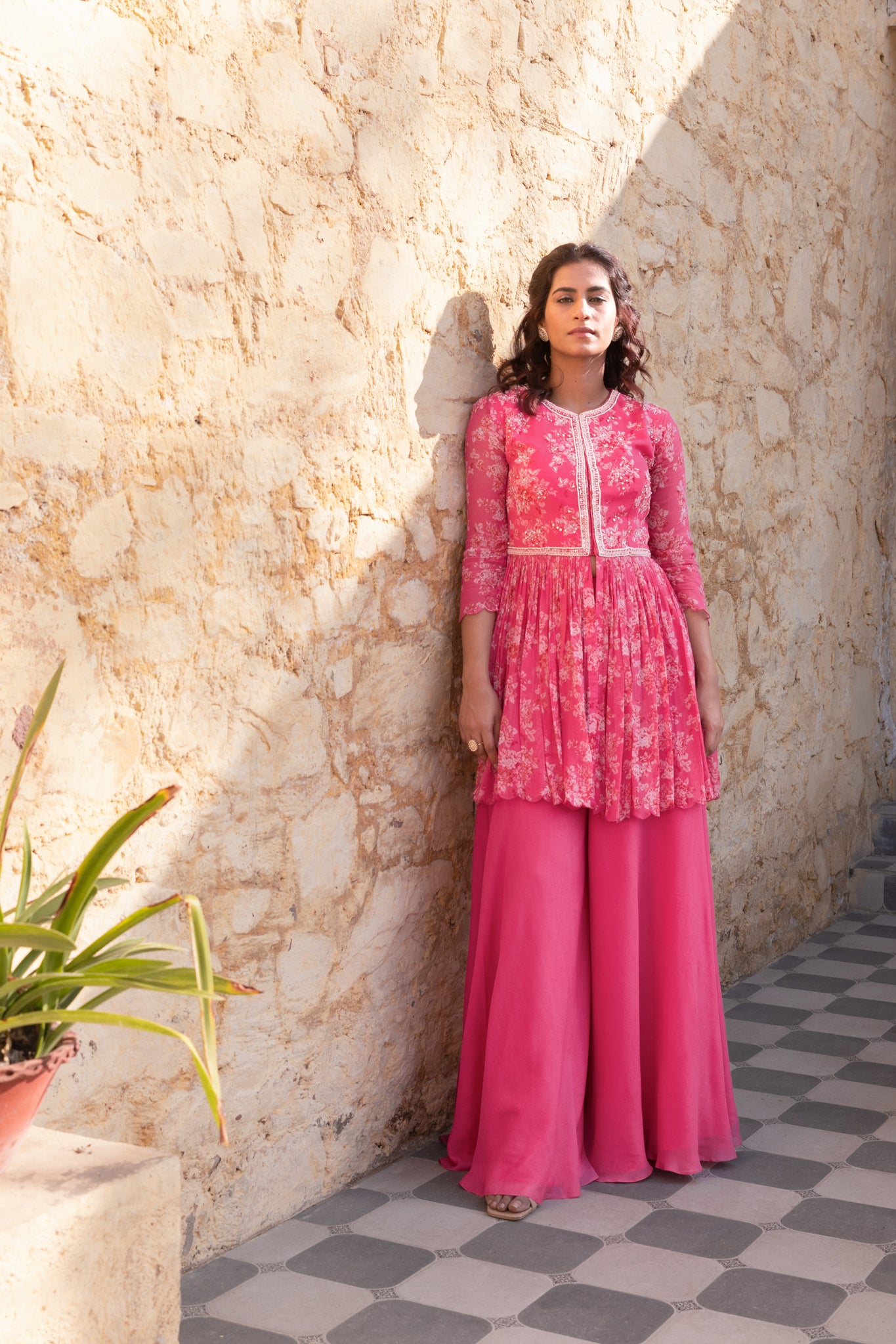 Fuchsia Pink Embroidered Jacket Peplum Set image 0