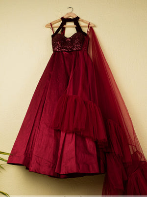 Burgundy Lehenga With Sequins Halter Blouse - S image