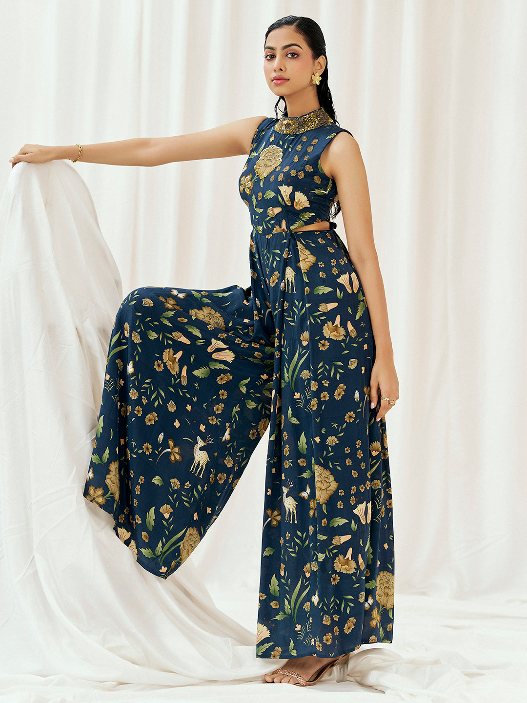 Navy Blue Printed Embroidered Jumpsuit image 2