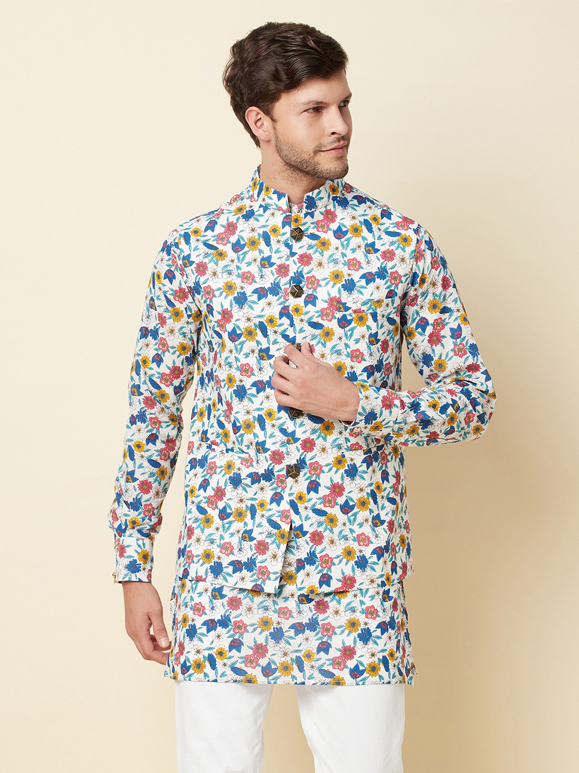 Multicolored Floral Print Jacket with Kurta Set image 5