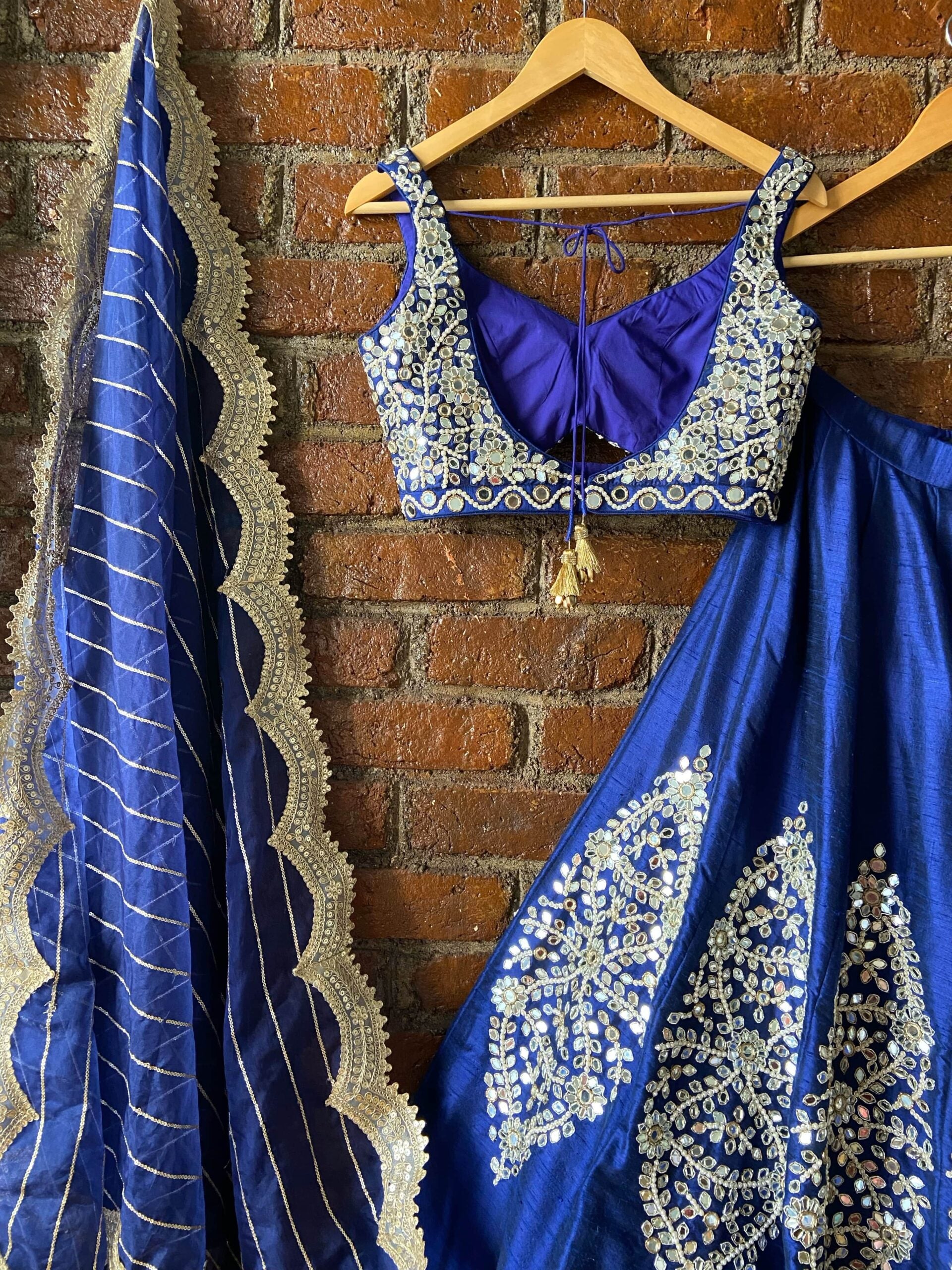 Royal Blue Raw Silk Mirror Work Lehenga Set image 1