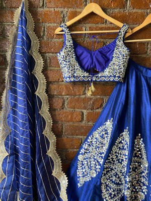 Royal Blue Raw Silk Mirror Work Lehenga Set image 1