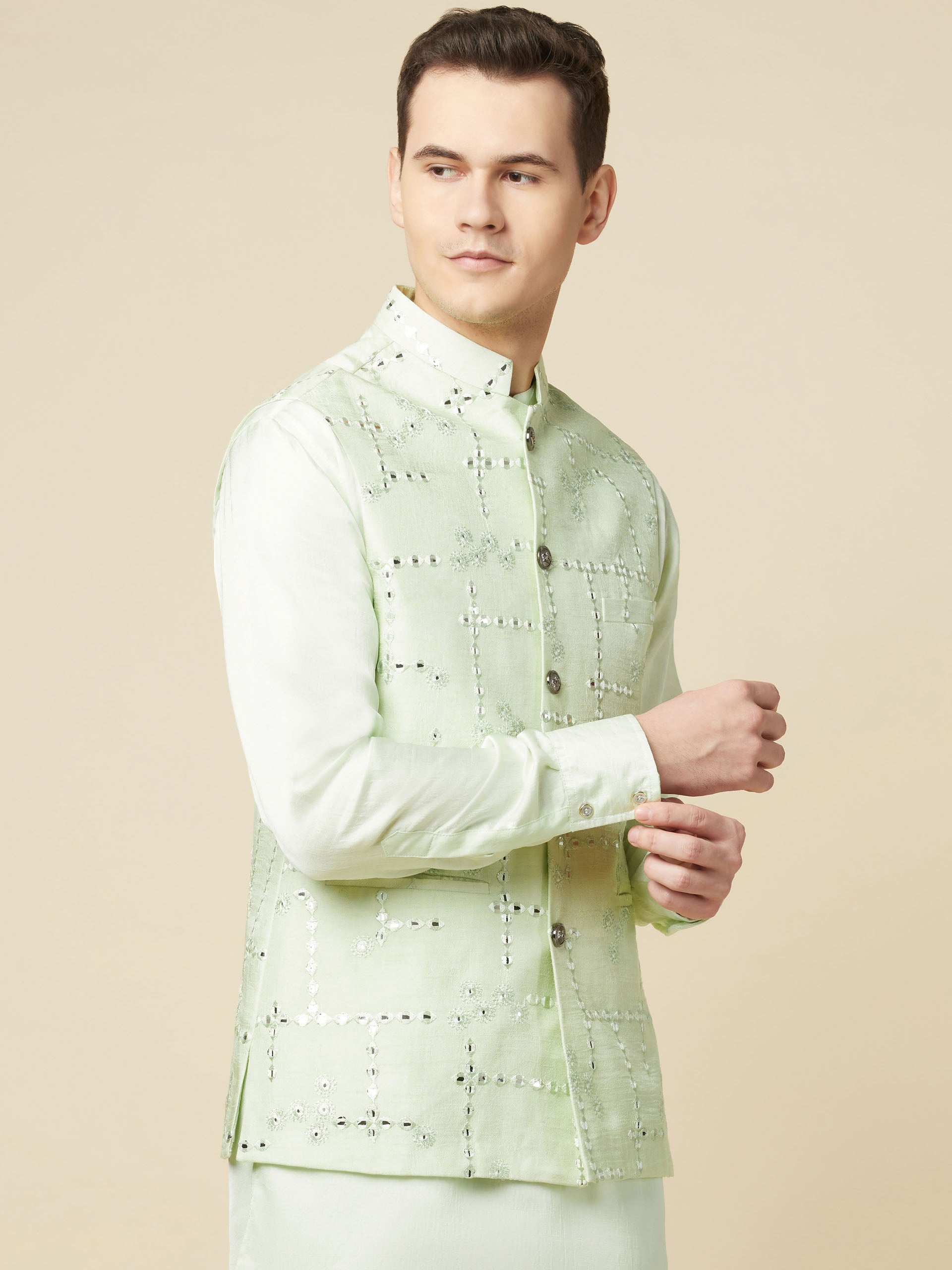 Mint Green Kurta Bundi Jacket Set image 1