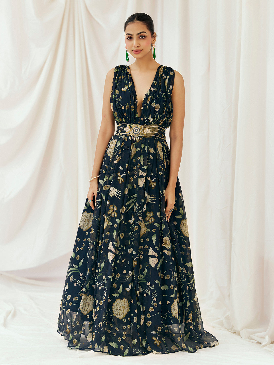 Navy Blue Printed Embroidered Gown - S image