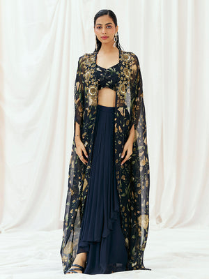 Navy Blue Printed Embroidered Drape Skirt Set with Cape image 5