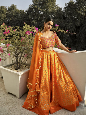 Orange Glitter Motif Lehenga Set with Ruffle Dupatta - M image