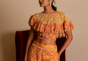 Yellow Printed Sharara Set With Cape image 5