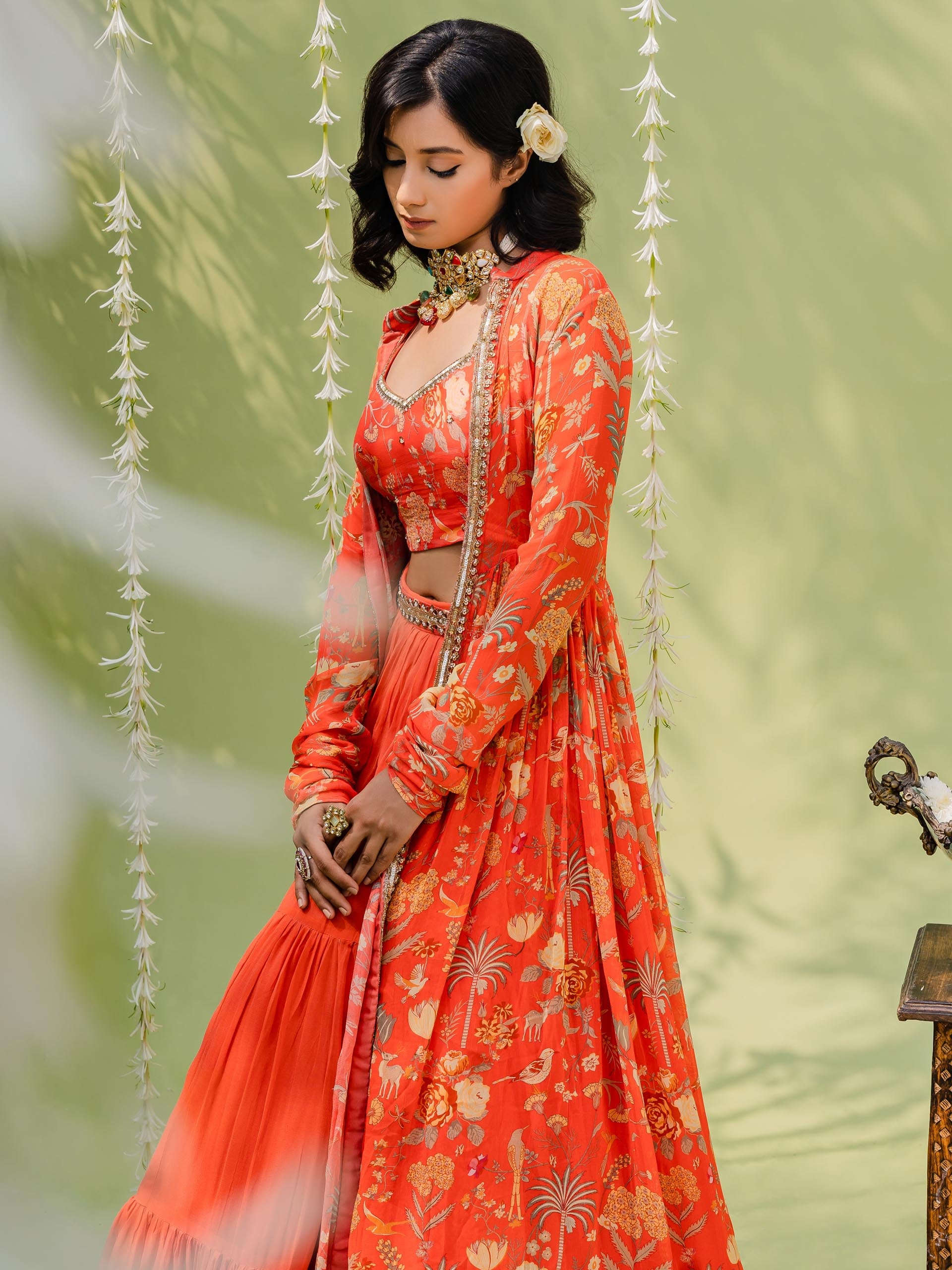 Rust Orange Garden Lehenga Set with Cape image 4