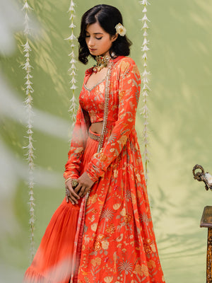 Rust Orange Garden Lehenga Set with Cape image 4