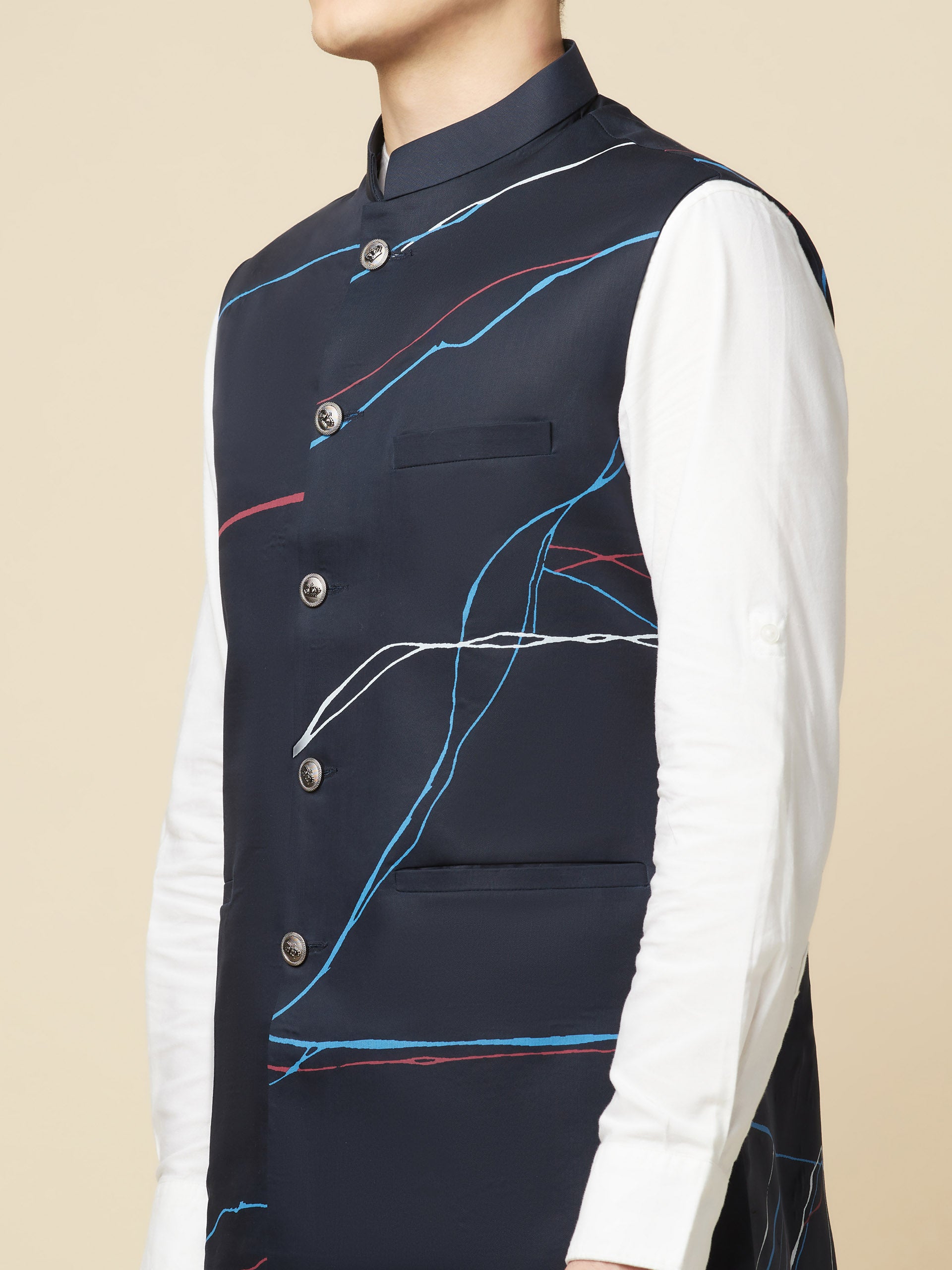 Navy Blue Printed Bundi Jacket image 5