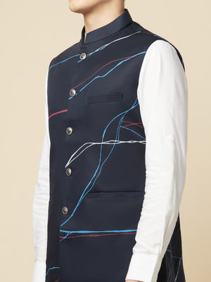 Navy Blue Printed Bundi Jacket image 5