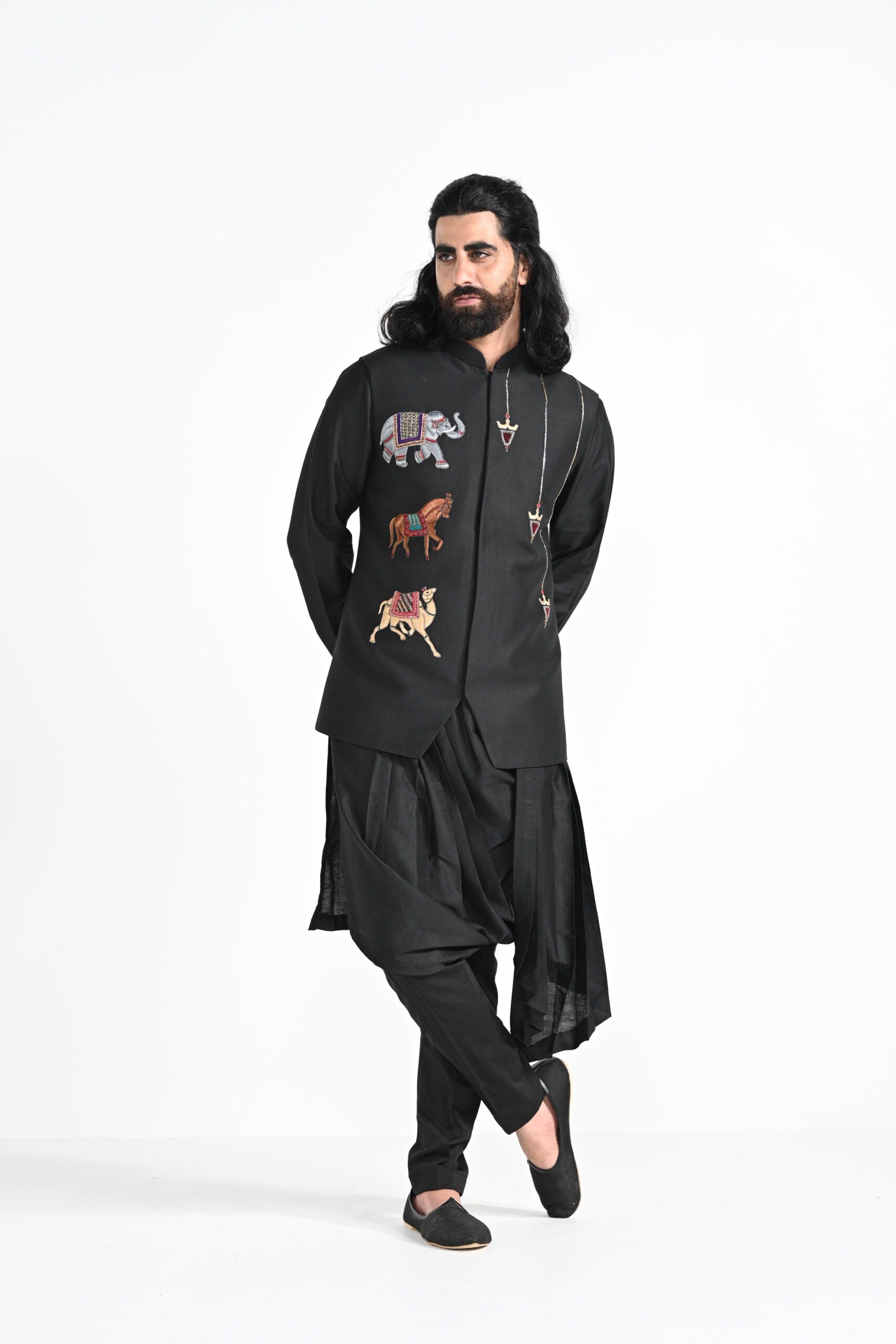 Rajasthani Trotting Animals Nehru With Cowl Hem Drape Kurta Set image 9