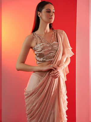 Nude Pre Draped Ruffle Saree Set image 1