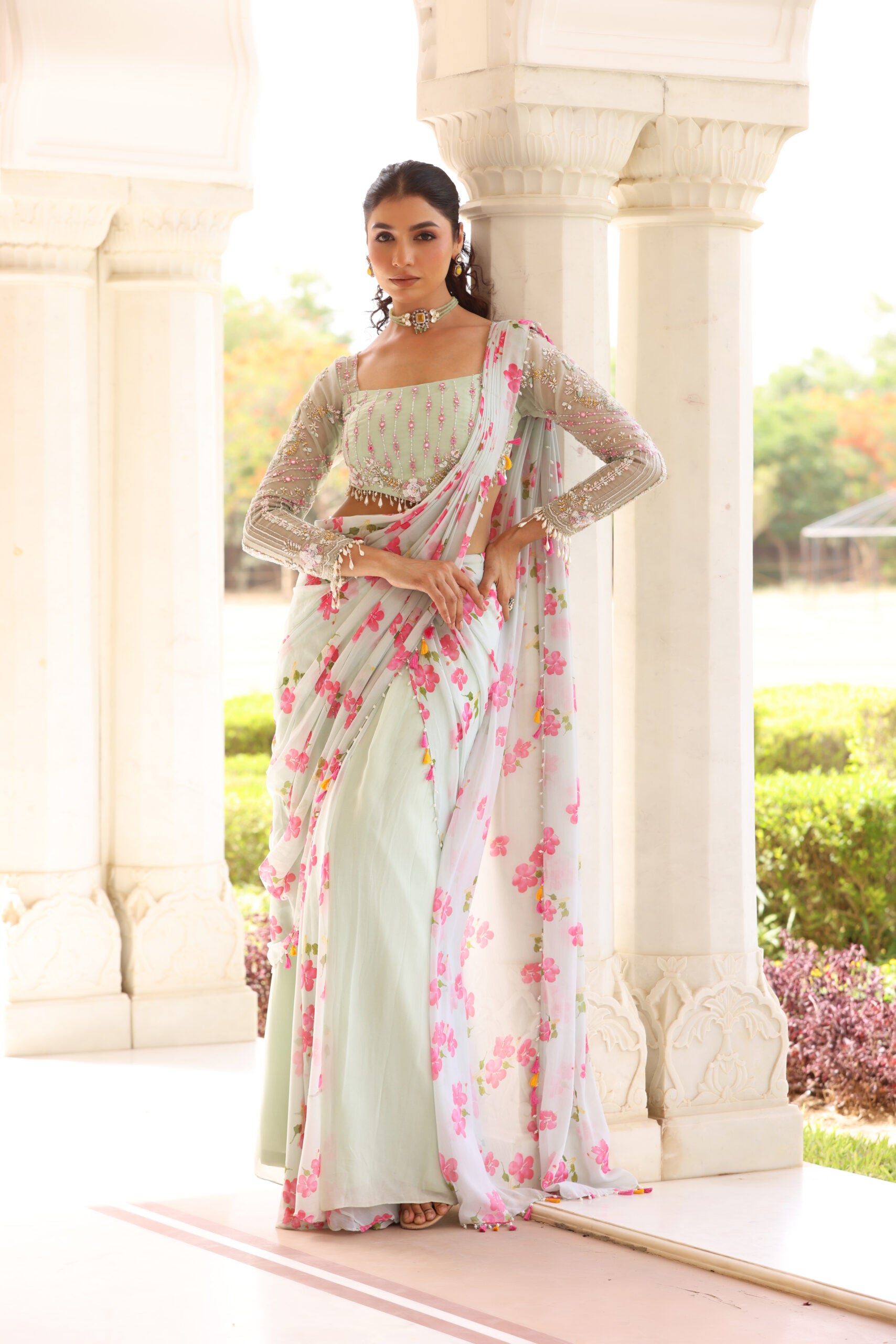 Floral Printed Pre-Drape Saree image 7