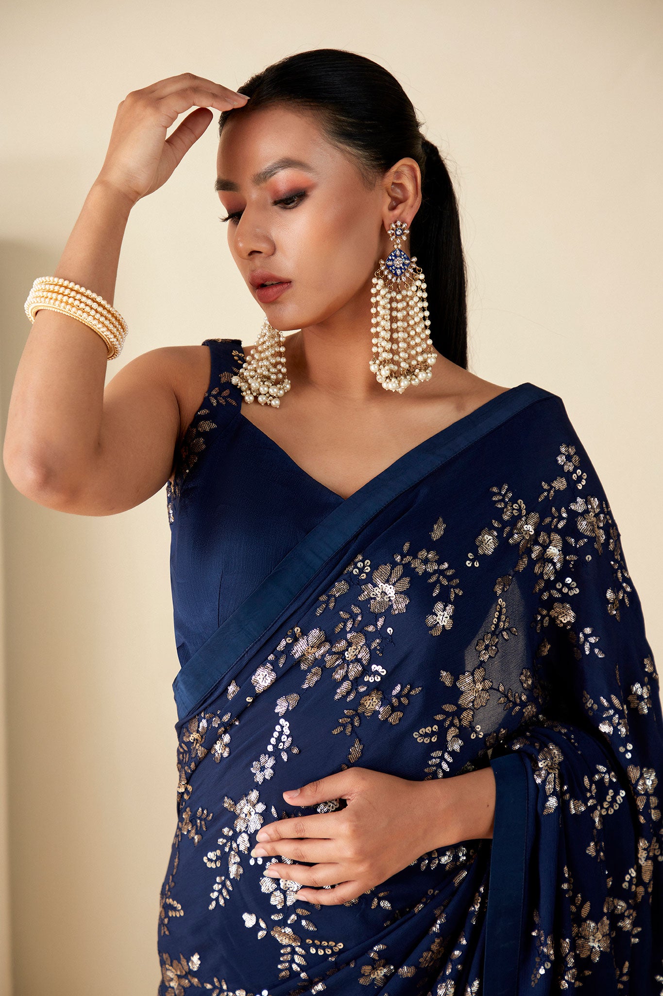 Dark Teal Georgette Crepe Sequin Work Saree image 1