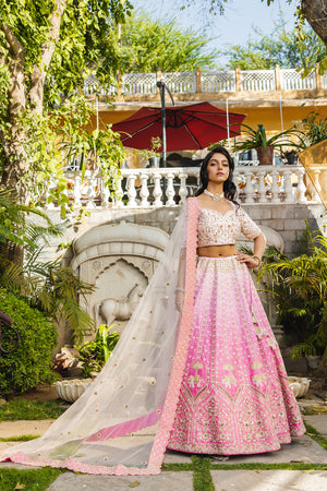 Pink Raw Silk Hand Embroidered Lehenga Set image 1