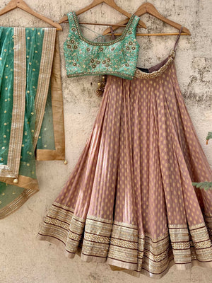 Chestnut Brown and Jade Green Zari Lehenga Set - S image