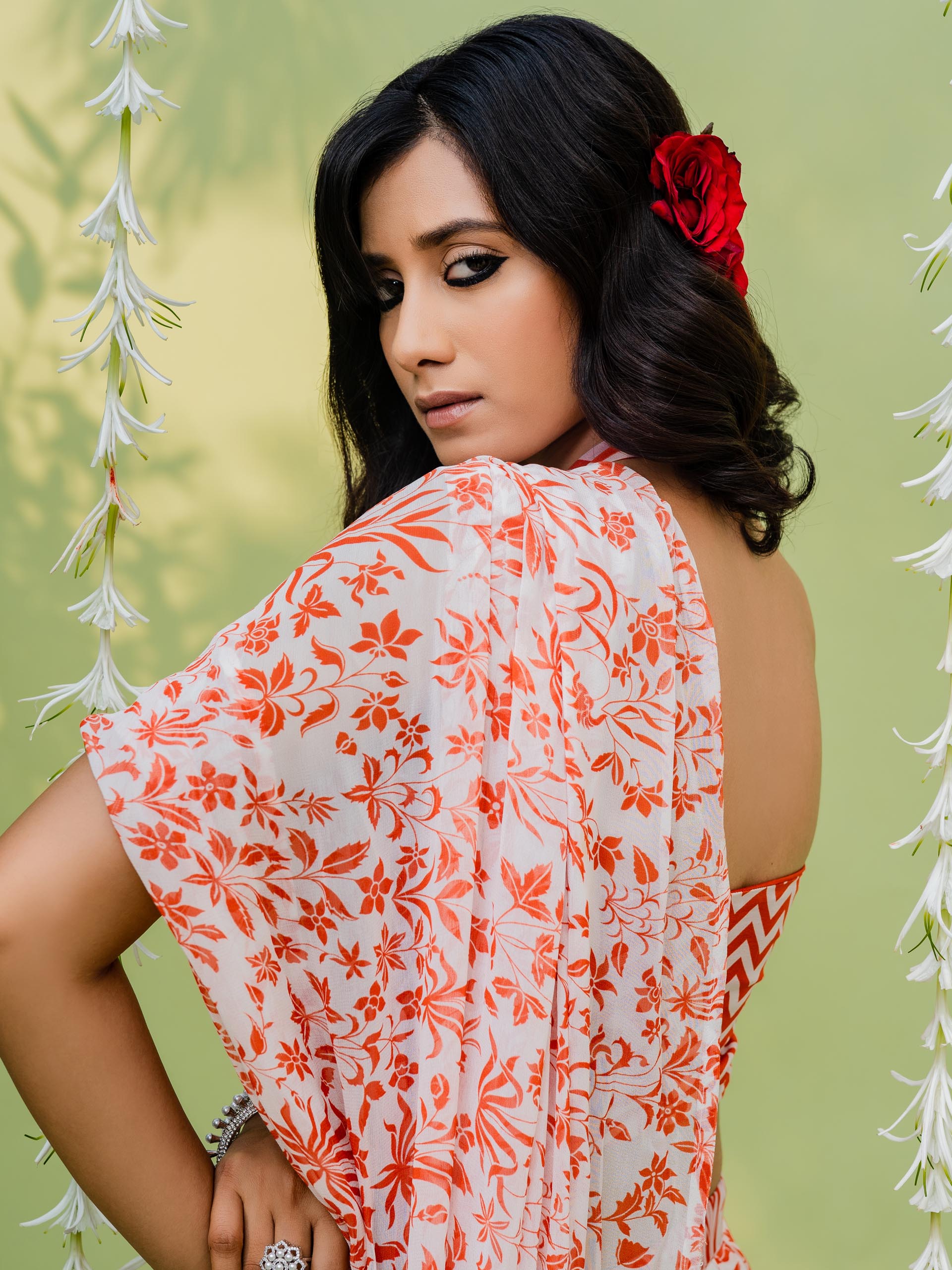 Red Orange Sharara Saree Set image 3