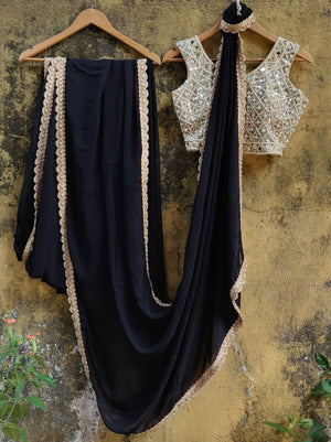 Black Georgette Saree with Pearl and Mirror Work Blouse - XS image