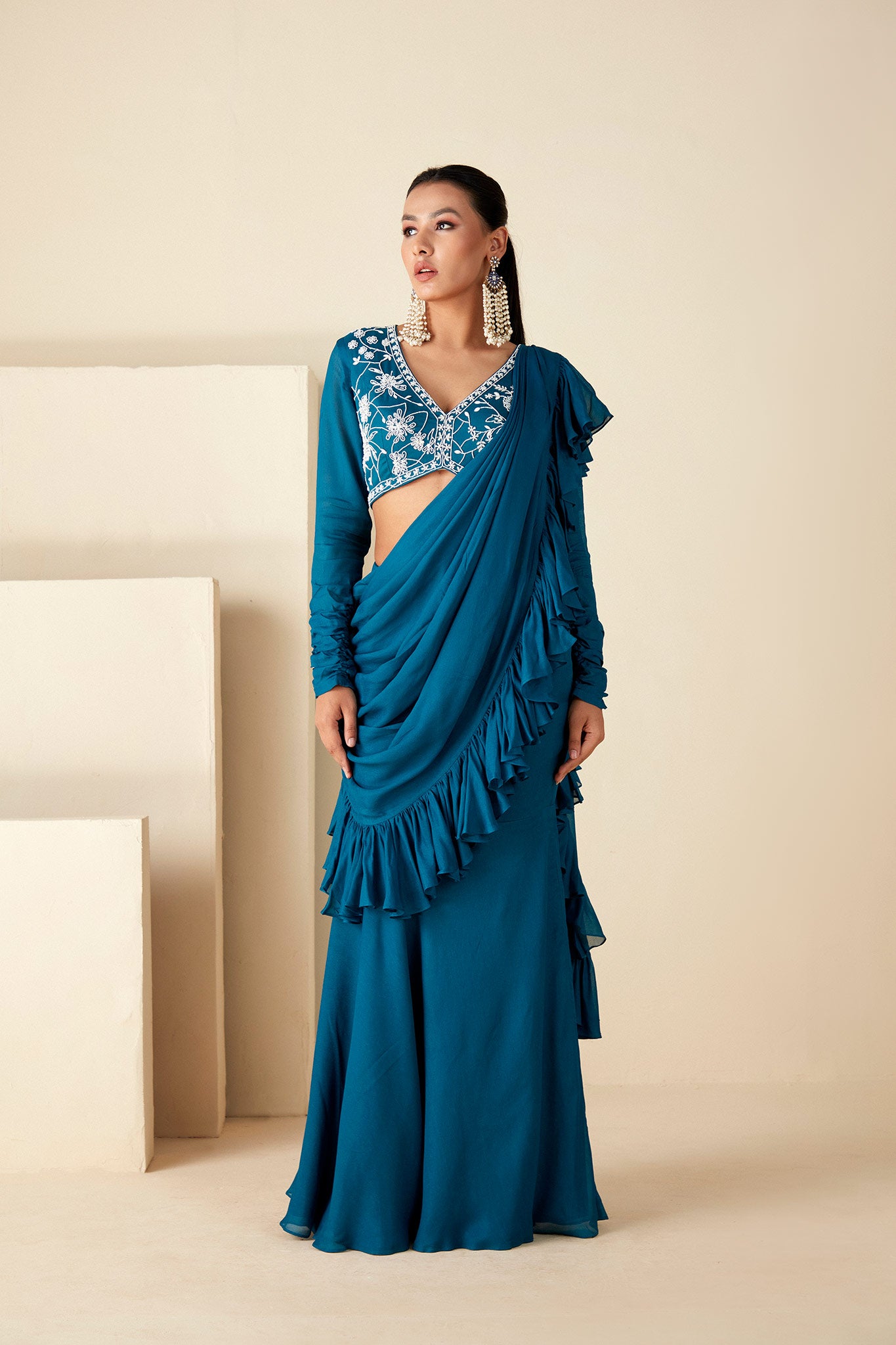 Teal Blue Ruffle Pant Saree - S image