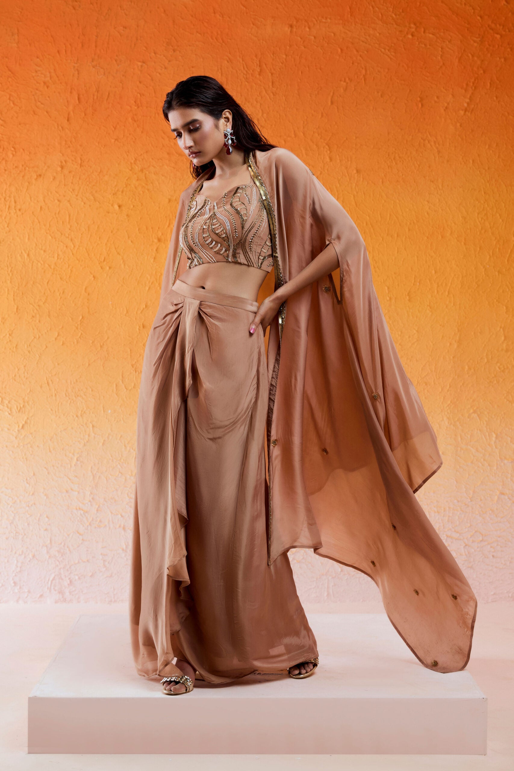 Caramel Brown Embroidered Drape Skirt Set with Cape image 3