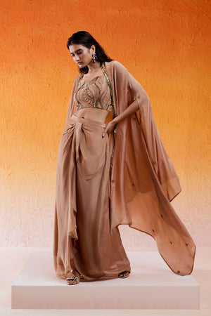 Caramel Brown Embroidered Drape Skirt Set with Cape image 3